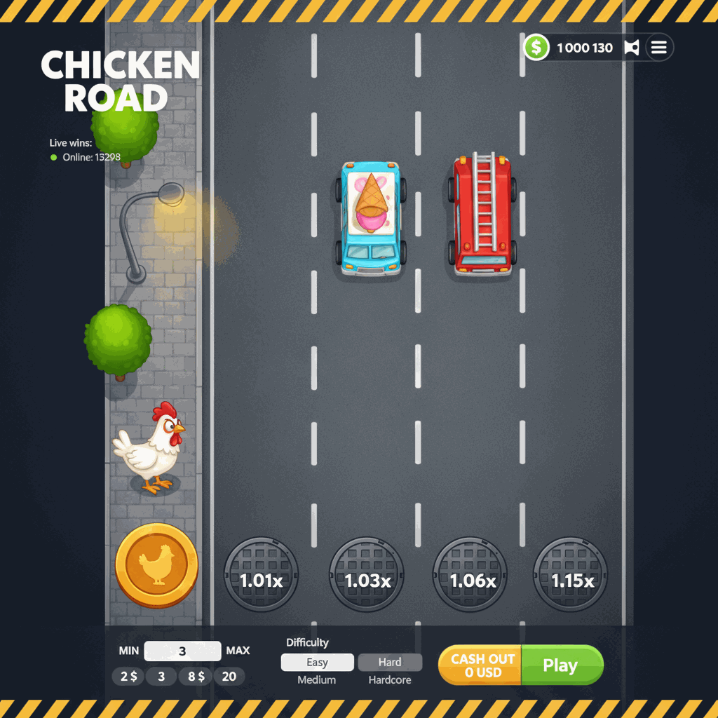 Chicken Road gioco crash di InOut con pollo cartoon che attraversa una strada trafficata a più corsie con auto in movimento, moltiplicatori visualizzati su ogni corsia, interfaccia di gioco dall'alto con marciapiede urbano sulla sinistra, lampione stradale e alberi, superficie stradale grigia con linee tratteggiate bianche che separano le corsie
