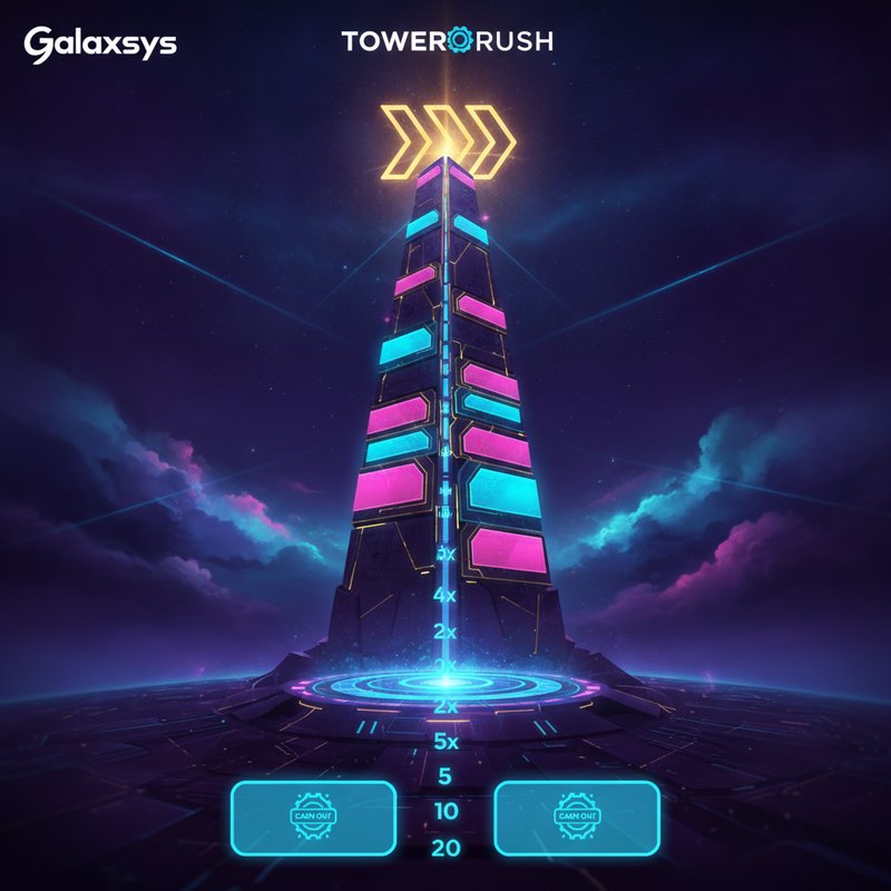 Tower Rush slot game di Galaxsys con torre verticale illuminata al neon, livelli di moltiplicatori crescenti, grafica futuristica cyber e interfaccia crash game con pulsanti cash out